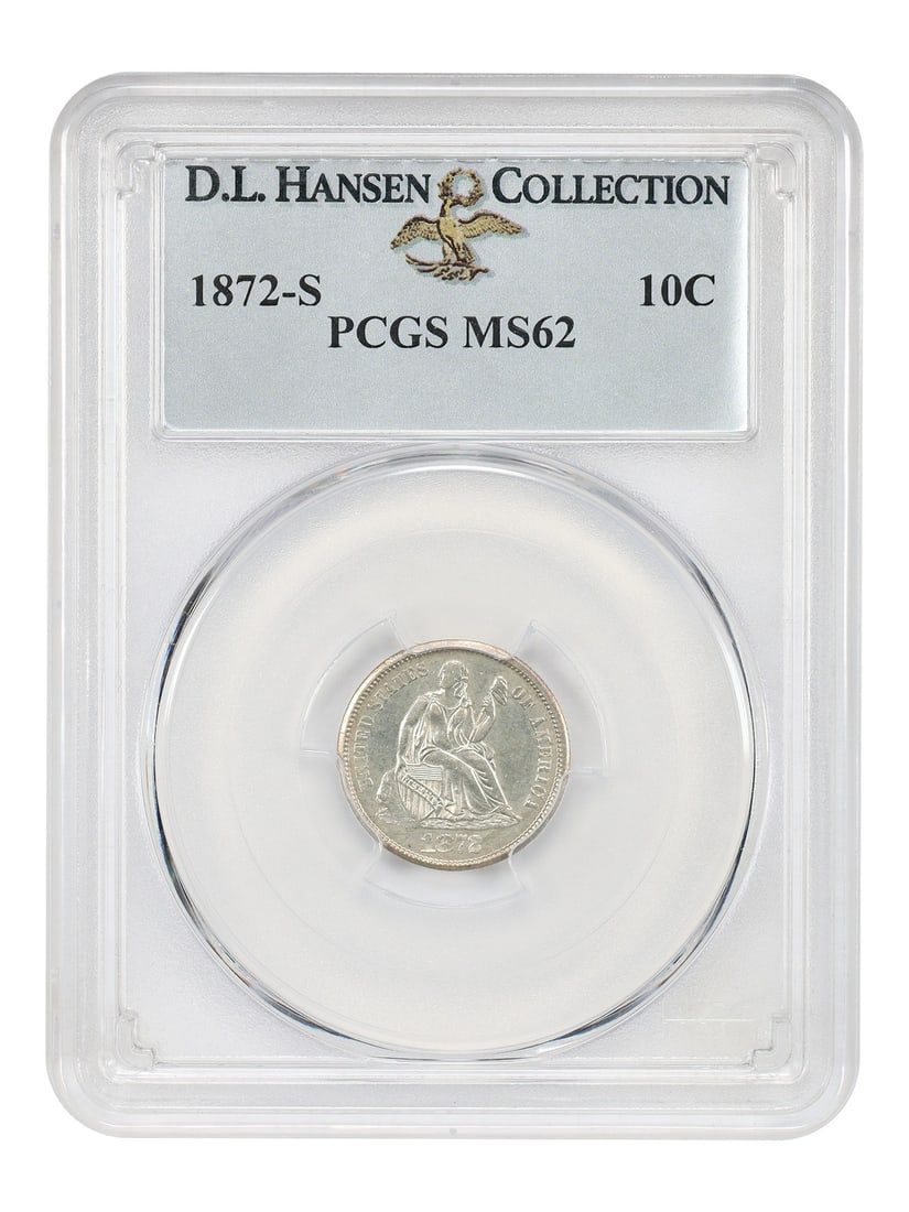 PCGS MS62 1872-S Liberty Seated Dime ex D.L. Hansen: PCGS MS62 1872-S Liberty Seated Dime ex D.L. Hansen 1872-S Liberty Seated Dime certified by PCGS as MS62. This uncirculated coin shows golden iridescence around the peripherals that fades into creamy 