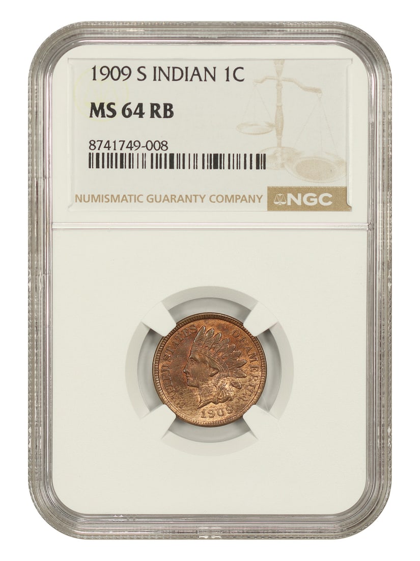 NGC MS64RB 1909 S Indian Head Cent Key Date 1C: NGC MS64RB 1909 S Indian Head Cent Key Date 1C Popular final-year 1909 Indian Cent from the San Francisco Mint, graded NGC MS64RB. This uncirculated key-date issue shows brown tones over red surfaces,