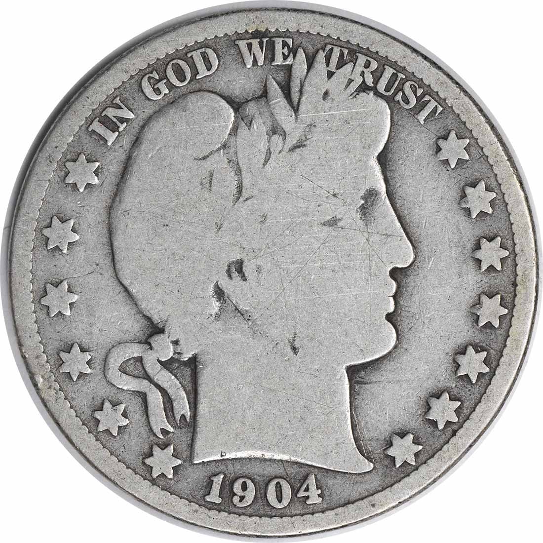1904 S Barber 50C Silver Half Dollar VG Uncertified: 1904 S Barber 50C Silver Half Dollar VG Uncertified 1904-S Barber silver half dollar in circulated VG grade. This uncertified pre-owned United States 50C coin features the Barber design and silver com
