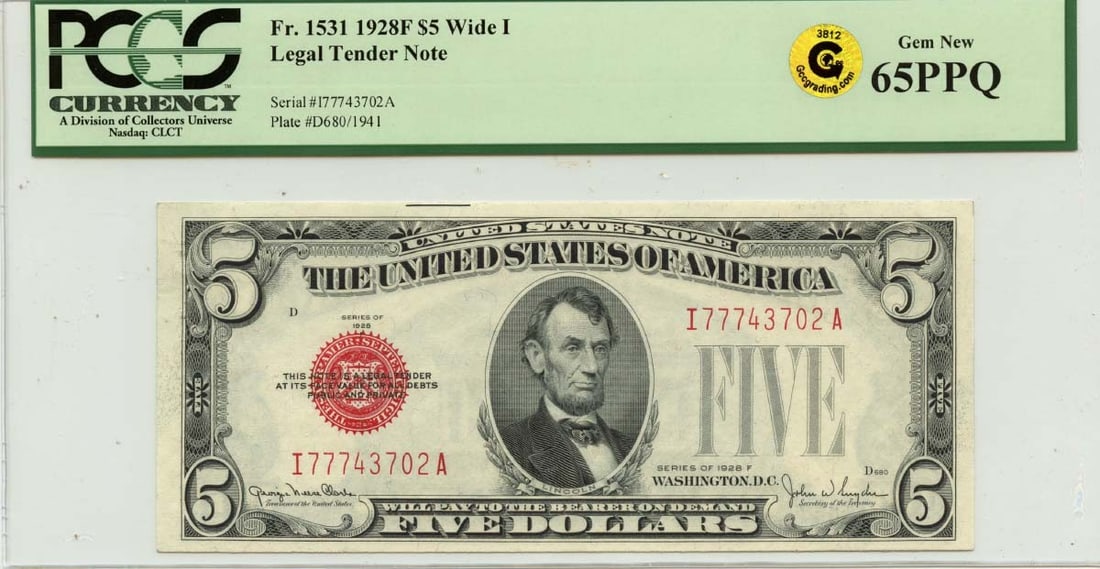 PCGS 65 PPQ 1928F $5 Legal Tender Note Fr 1531 Wide I: PCGS 65 PPQ 1928F $5 Legal Tender Note Fr 1531 Wide I 1928F $5 Legal Tender Note, Friedberg #1531 Wide I, graded PCGS Gem 65 PPQ. This pre-owned United States note is listed as uncirculated and certif