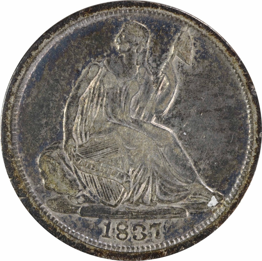 1837 Silver Half Dime Liberty Seated Small Date No Stars VF: 1837 Silver Half Dime Liberty Seated Small Date No Stars VF 1837 Liberty Seated silver half dime in circulated, pre-owned condition. This uncertified coin is graded VF and features the No Stars, Small