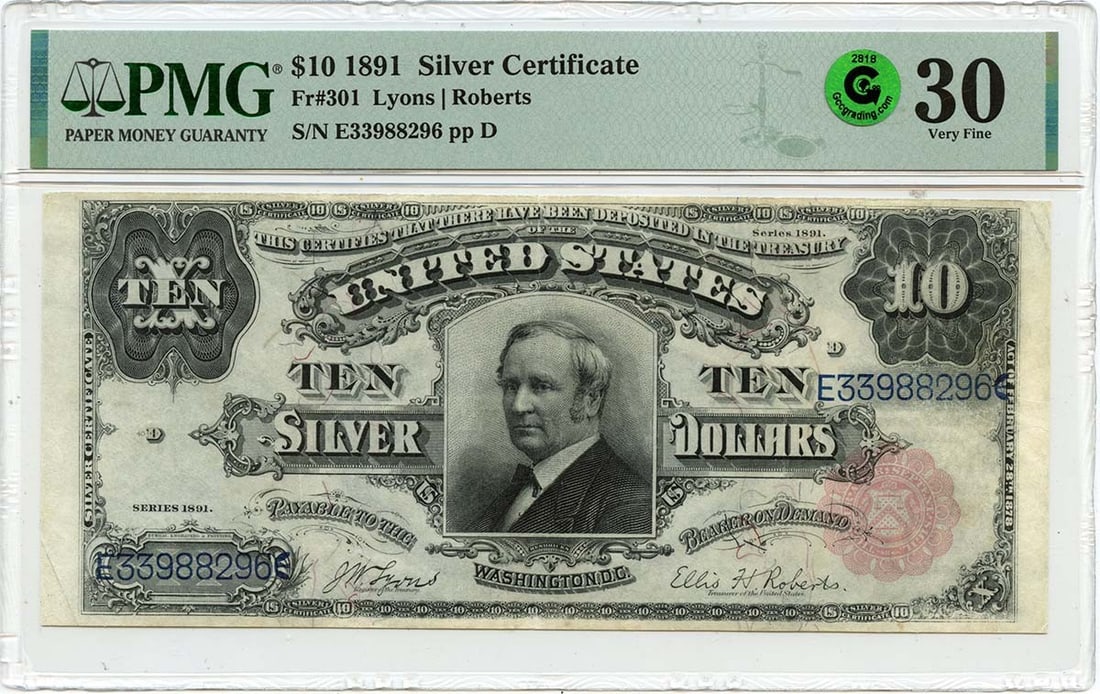 1891 $10 Silver Certificate Fr# 301 PMG VF30 Green: 1891 $10 Silver Certificate Fr# 301 PMG VF30 Green This is a circulated 1891 $10 Silver Certificate, designated as Fr# 301. It has been graded as VF30 by PMG, indicating its very fine condition. The c