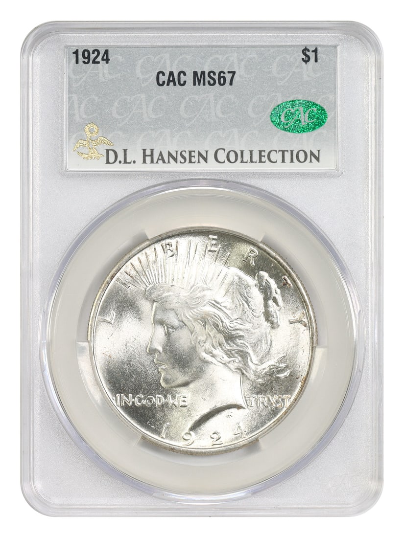 Peace Dollar 1924 $1 CACG MS67 ex D.L. Hansen Monterey Bay: Peace Dollar 1924 $1 CACG MS67 ex D.L. Hansen Monterey Bay 1924 Peace Dollar certified by CACG in MS67 and pedigreed ex: D.L. Hansen/Monterey Bay. This uncirculated example is described as a tough pie