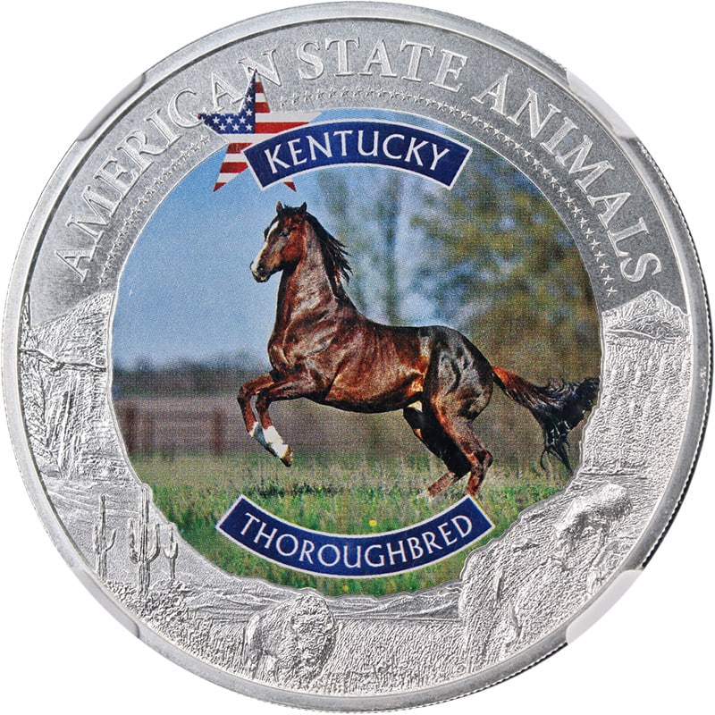 NGC MS70 2021 Cook Islands Kentucky Thoroughbred 1 Oz Silver $5 Coin: NGC MS70 2021 Cook Islands Kentucky Thoroughbred 1 Oz Silver $5 Coin Original 2021 Cook Islands 1 oz silver $5 coin from the US State Animal series featuring Kentucky Thoroughbred. This colorized issu