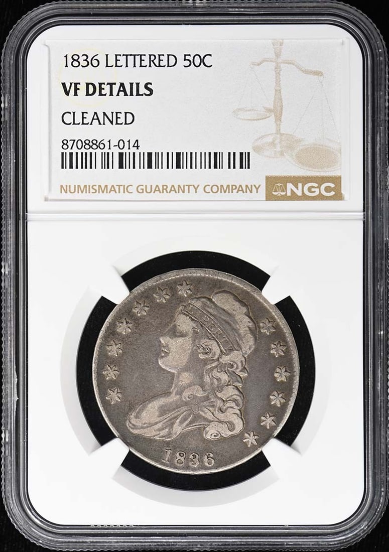 1836 Capped Bust Half Dollar Lettered Edge NGC VF Details: 1836 Capped Bust Half Dollar Lettered Edge NGC VF Details 1836 Capped Bust Half Dollar with Lettered Edge, certified by NGC as VF Details. This pre-owned United States coin is a Philadelphia issue and