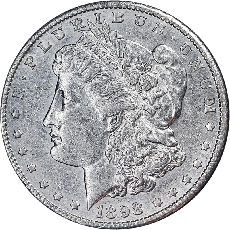 1898 San Francisco Morgan Dollar Silver Coin AU to BU Grade: 1898 San Francisco Morgan Dollar Silver Coin AU to BU Grade This 1898-S Morgan Silver Dollar features attractive eye appeal, a bright white appearance, and a strong strike. The coin displays nice lust