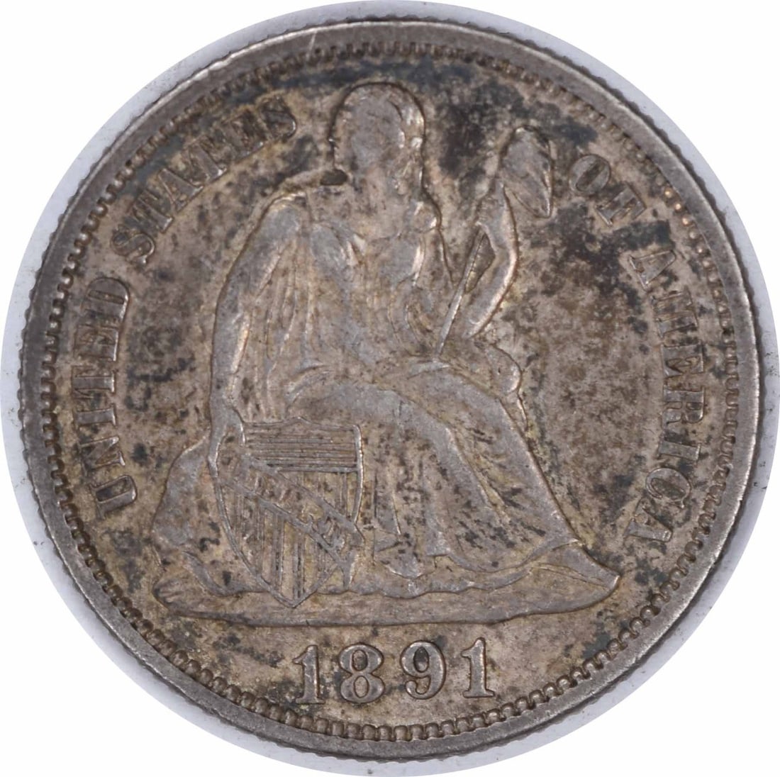 1891 Liberty Seated Dime AU Uncertified 90% Silver Coin: 1891 Liberty Seated Dime AU Uncertified 90% Silver Coin This 1891 Liberty Seated Silver Dime is a beautiful example of classic American coinage. Struck at the Philadelphia mint, this coin features the