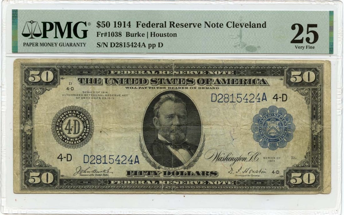 $50 1914 Cleveland Federal Reserve Note PMG VF25: $50 1914 Cleveland Federal Reserve Note PMG VF25 This is a 1914 $50 Federal Reserve Note from Cleveland, graded VF25 by PMG. The note is circulated and originates from the United States. It represents