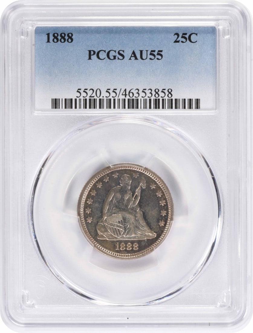 PCGS AU55 1888 Seated Liberty Silver 25C Quarter: PCGS AU55 1888 Seated Liberty Silver 25C Quarter 1888 Liberty Seated silver quarter certified by PCGS and graded AU55. This circulated United States 25C coin is a pre-owned example of the Seated Liber