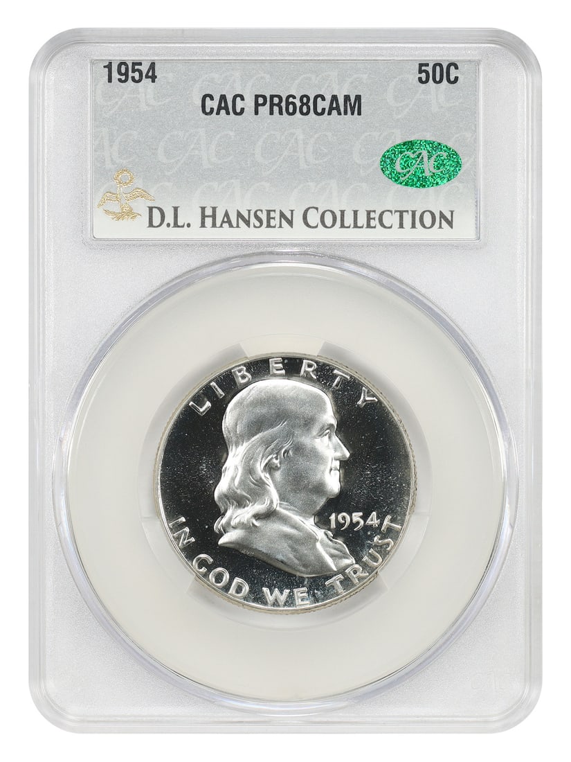 CACG PR68CAM 1954 Franklin Half Dollar 50C ex D.L. Hansen: CACG PR68CAM 1954 Franklin Half Dollar 50C ex D.L. Hansen 1954 Franklin Half Dollar certified by CACG as PR68CAM. This uncirculated proof example is noted as ex: D.L. Hansen. The original description 