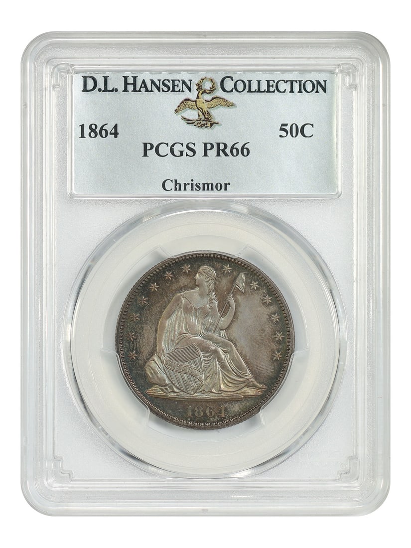 PCGS PR66 1864 Liberty Seated Half Dollar 50C ex D.L. Hansen Chrismor: PCGS PR66 1864 Liberty Seated Half Dollar 50C ex D.L. Hansen Chrismor 1864 Liberty Seated Half Dollar certified by PCGS as PR66. This proof issue is a historically important low-mintage coin from Phil