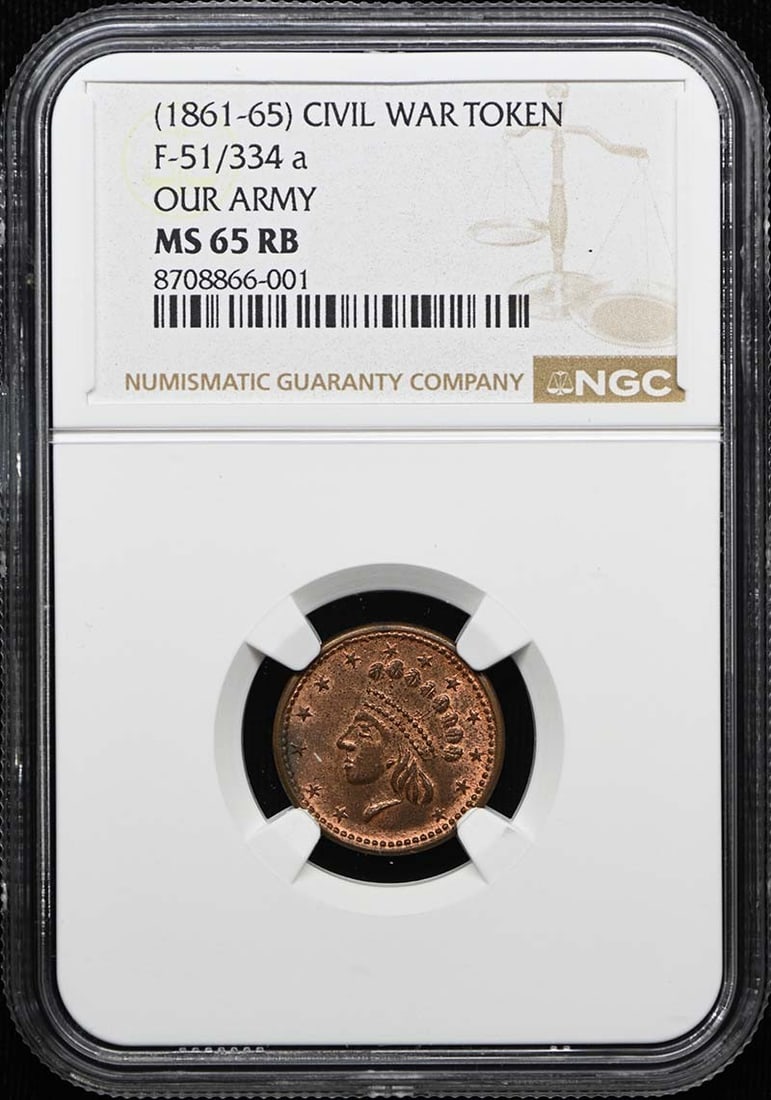1861 Civil War Token F-51 334 NGC MS65RB: 1861 Civil War Token F-51 334 NGC MS65RB Civil War token dated 1861-65 and identified as F-51/334. This pre-owned piece is graded MS65 by NGC and listed in uncirculated condition. Specifications Item 