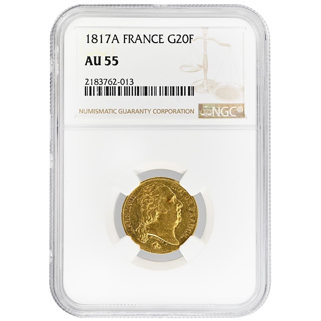 France Gold 20 Francs 1817-A Louis XVIII Tete nue NGC AU55: France Gold 20 Francs 1817-A Louis XVIII Tete nue NGC AU55 France 1817-A 20 Francs coin featuring Louis XVIII, Tete nue, graded NGC AU55. This pre-owned gold coin is identified as Gad-1028 and F-519. 