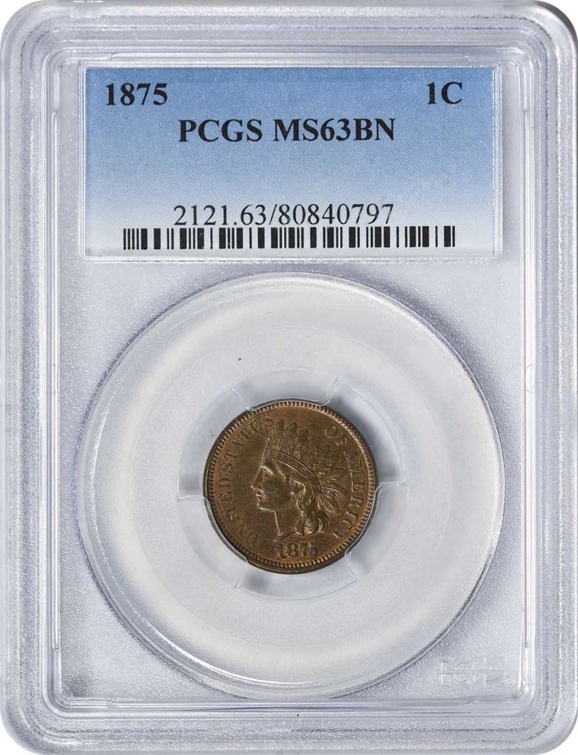 PCGS MS63BN 1875 Indian Head Copper Cent Die Lines: PCGS MS63BN 1875 Indian Head Copper Cent Die Lines This 1875 Indian Head Cent features distinctive die lines and is graded MS63BN by PCGS. Struck in copper, this uncirculated coin represents the Small