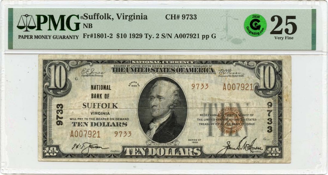 1929 $10 National Bank Note Suffolk VA CH#9733 PMG VF25: 1929 $10 National Bank Note Suffolk VA CH#9733 PMG VF25 This 1929 $10 National Bank Note from Suffolk, Virginia is a rare collectible piece, graded VF25 by PMG. It shows signs of circulation, making i