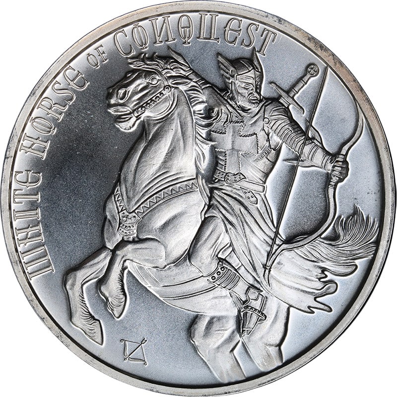 1 oz .999 Silver Round White Horse of Conquest Uncirculated: 1 oz .999 Silver Round White Horse of Conquest Uncirculated Original Four Horsemen of Apocalypse: White Horse of Conquest 1 oz .999 fine silver round in uncirculated, mint state condition. This stock 