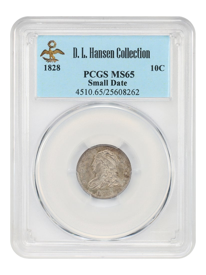 PCGS MS65 1828 Capped Bust Dime 10C Small Date ex D.L. Hansen: PCGS MS65 1828 Capped Bust Dime 10C Small Date ex D.L. Hansen 1828 Capped Bust Dime certified PCGS MS65, Small Date, ex: D.L. Hansen. This uncirculated Philadelphia issue has a mintage of just 125,000