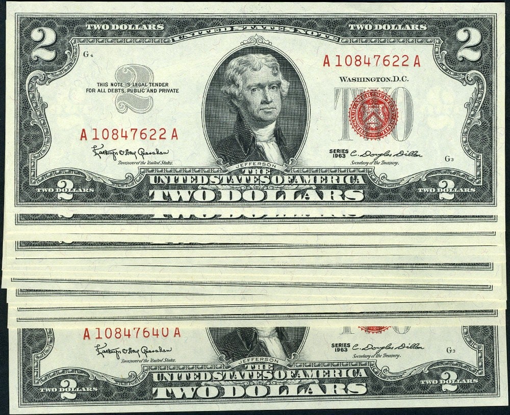 19 Consecutive 1963 $2 Legal Tender Notes FR 1513 A-A Block (1 of 2)