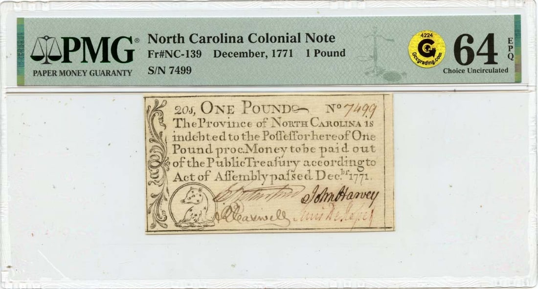 PMG Graded 1771 North Carolina Colonial Currency Note CU64 EPQ FR#NC-139: PMG Graded 1771 North Carolina Colonial Currency Note CU64 EPQ FR#NC-139 This is a 1771 December North Carolina colonial currency note with a denomination of 1 pound. It has been certified by PMG with