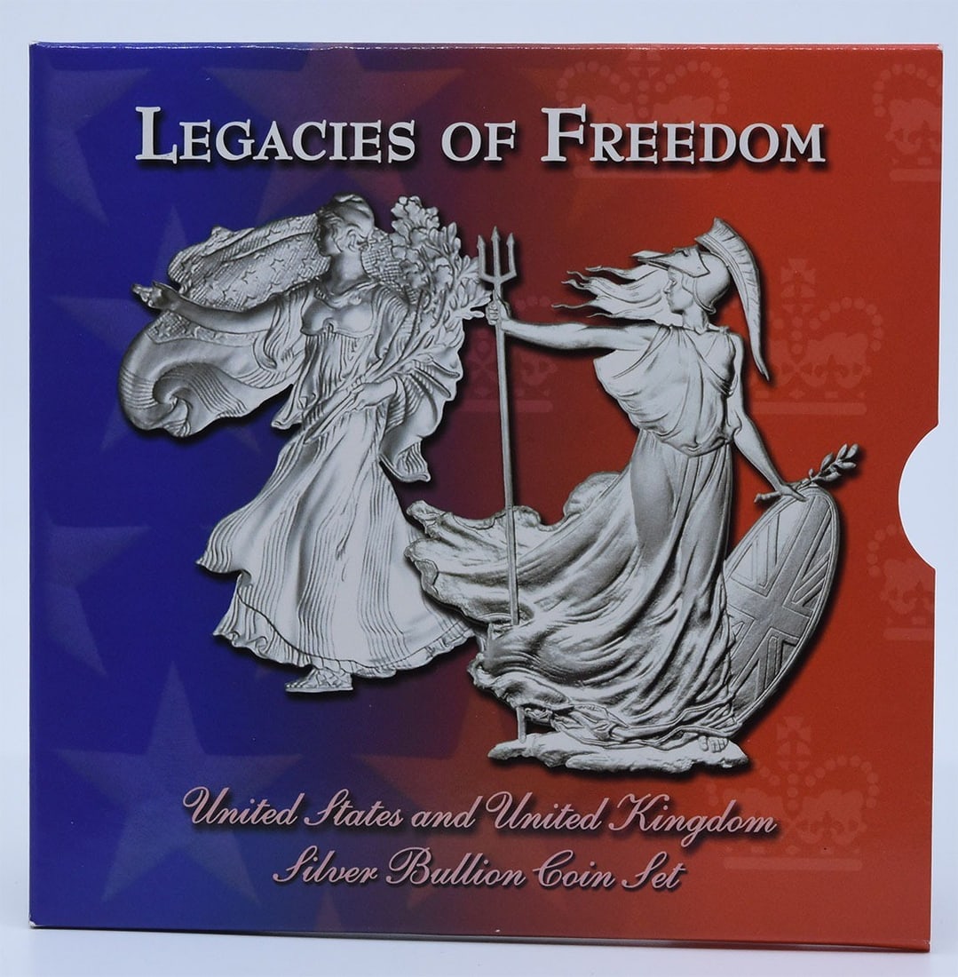 2003 US UK Silver Bullion Coin Set Legacies of Freedom OGP: 2003 US UK Silver Bullion Coin Set Legacies of Freedom OGP 2003 Legacies of Freedom silver bullion coin set presented in original government packaging. This pre-owned set includes an American Eagle co