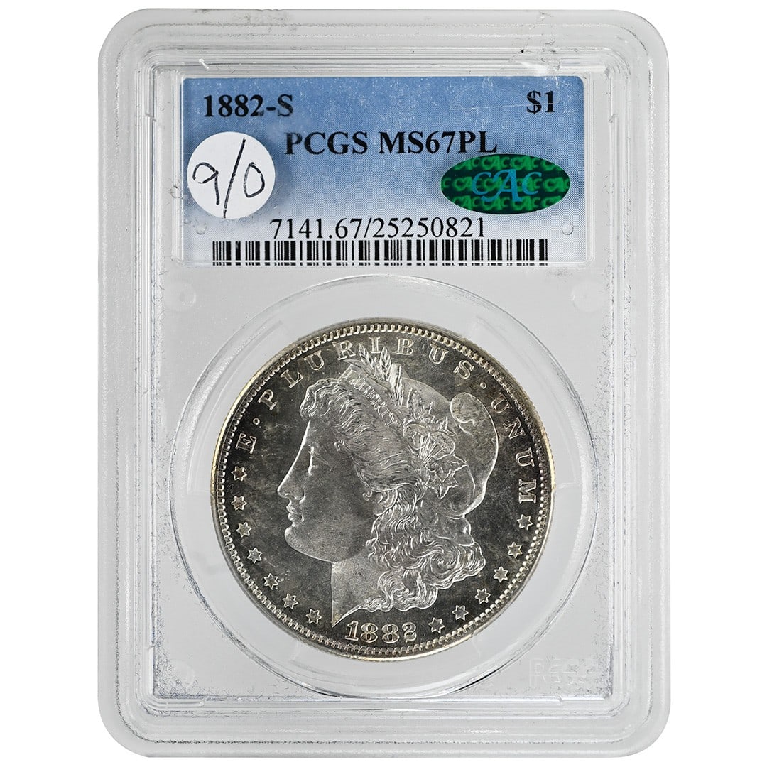 PCGS CAC 1882-S Morgan Silver Dollar $1 MS67PL: PCGS CAC 1882-S Morgan Silver Dollar $1 MS67PL 1882-S Morgan Dollar $1 coin certified by PCGS and CAC. This pre-owned coin is listed as uncirculated and graded MS67PL. Specifications Year: 1882 Denomi