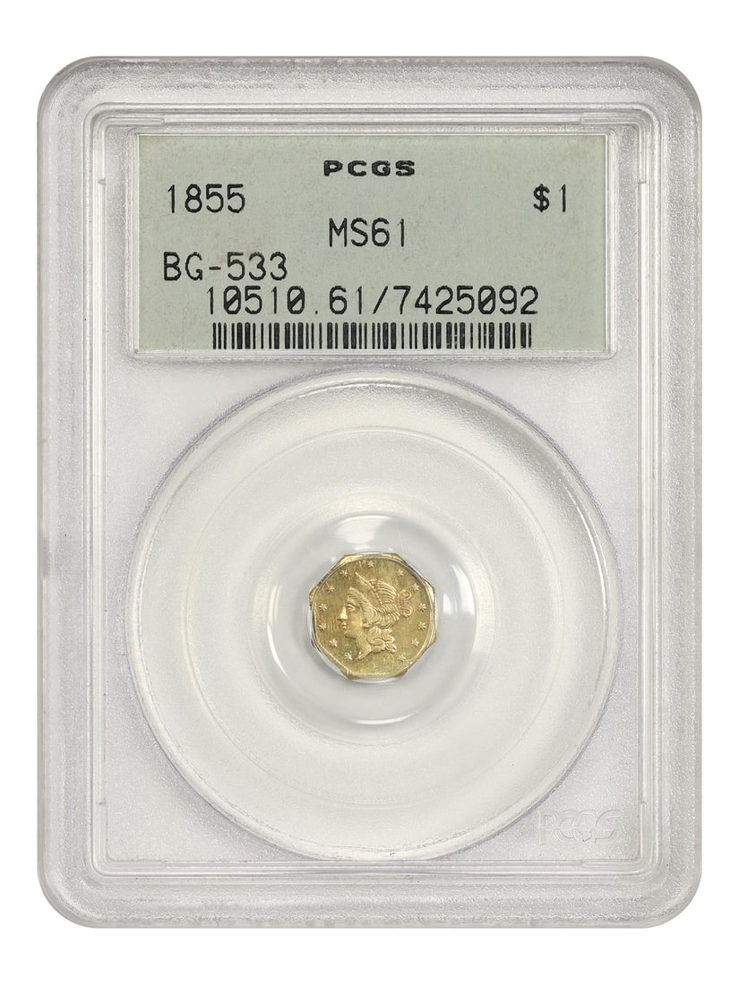 1855 California Fractional Gold 1 Dollar PCGS MS61 BG-533 OGH: 1855 California Fractional Gold 1 Dollar PCGS MS61 BG-533 OGH This 1855 California Fractional Gold $1 (BG-533) is a privately issued Gold Rush-era piece that circulated widely in the American West dur