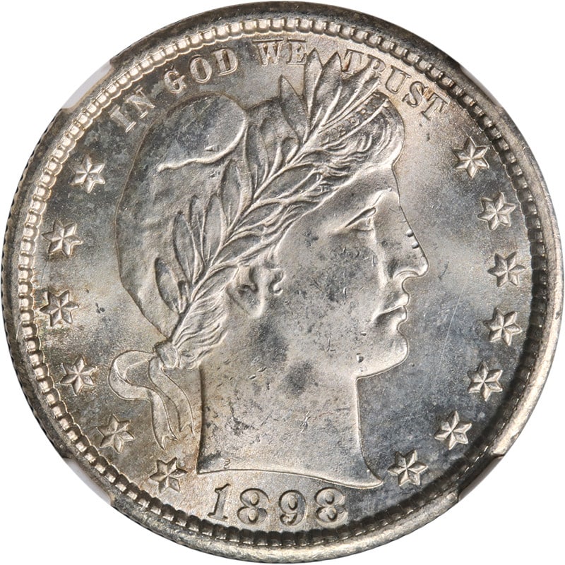 NGC MS64 1898-S Silver Barber Quarter Exceptional Luster Strongly Struck: NGC MS64 1898-S Silver Barber Quarter Exceptional Luster Strongly Struck This 1898-S Barber Quarter is graded NGC MS64 and features a brilliant blast white appearance with superb eye appeal. The coin 