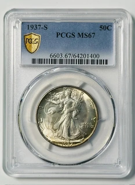 PCGS MS67 1937-S Walking Liberty 50C Silver Half Dollar: PCGS MS67 1937-S Walking Liberty 50C Silver Half Dollar 1937-S Walking Liberty Half Dollar certified by PCGS and graded MS 67. This uncirculated silver coin is from the San Francisco mint and is liste