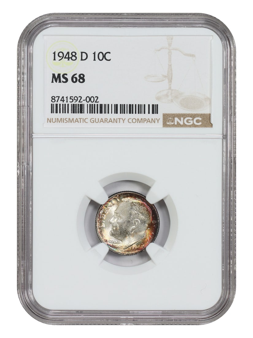 NGC MS68 1948-D Roosevelt 10C Uncirculated Coin: NGC MS68 1948-D Roosevelt 10C Uncirculated Coin Certified 1948-D Roosevelt Dime graded NGC MS68. This uncirculated example is identified as tied for the finest known at the non-FB level. Pre-owned. Sp