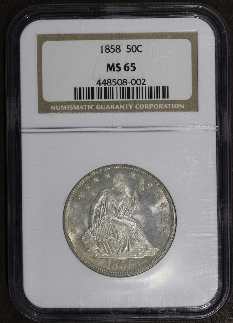 1858 NGC MS65 Seated Liberty 50C Silver Half Dollar: 1858 NGC MS65 Seated Liberty 50C Silver Half Dollar This is an 1858 Seated Liberty Half Dollar graded MS65 by NGC. Struck in silver with a fineness of 0.9, this uncirculated coin features the classic 