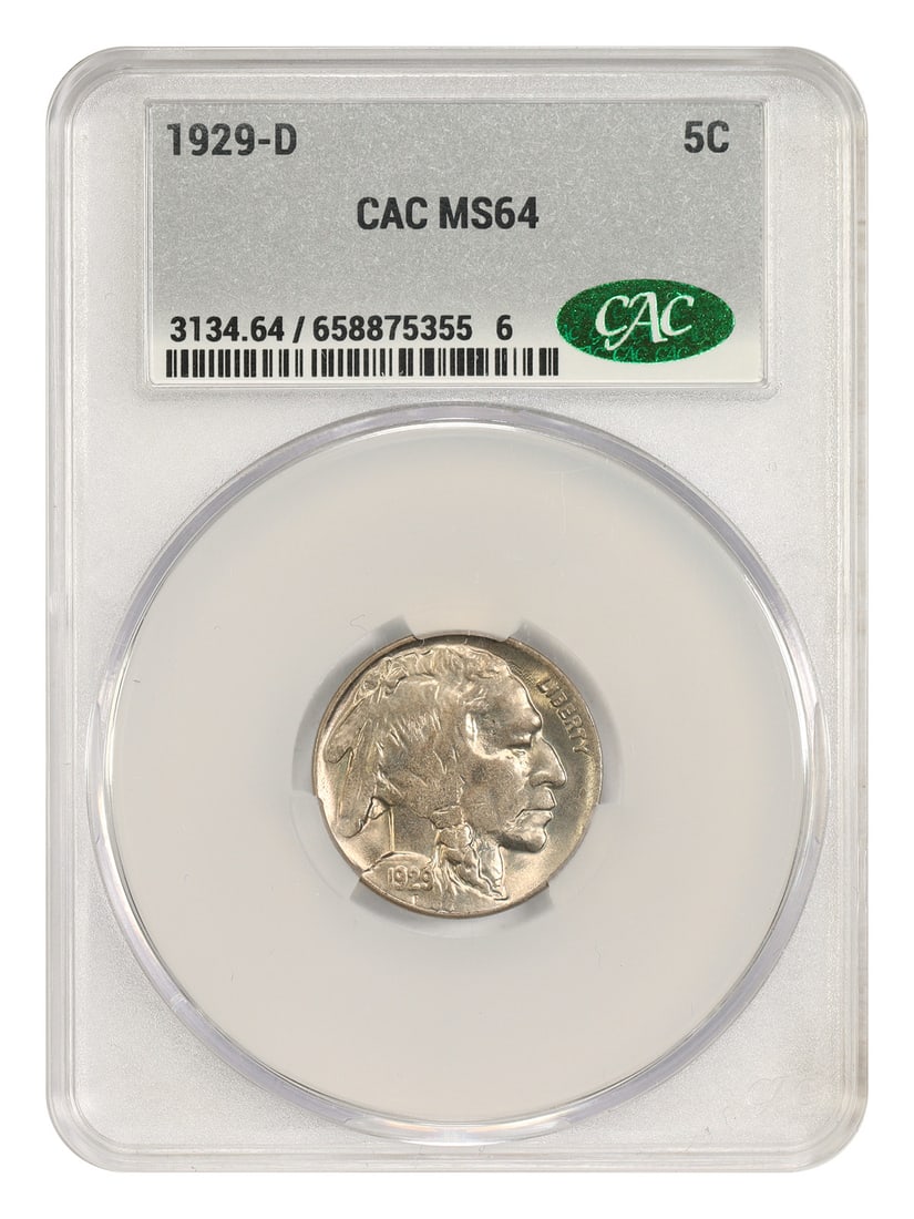 Buffalo Nickel 1929-D 5C MS64 CACG Certified: Buffalo Nickel 1929-D 5C MS64 CACG Certified 1929-D Buffalo Nickel graded MS64 by CACG. This uncirculated 5C coin was minted in Denver and is identified by certification number 658875355. Condition is