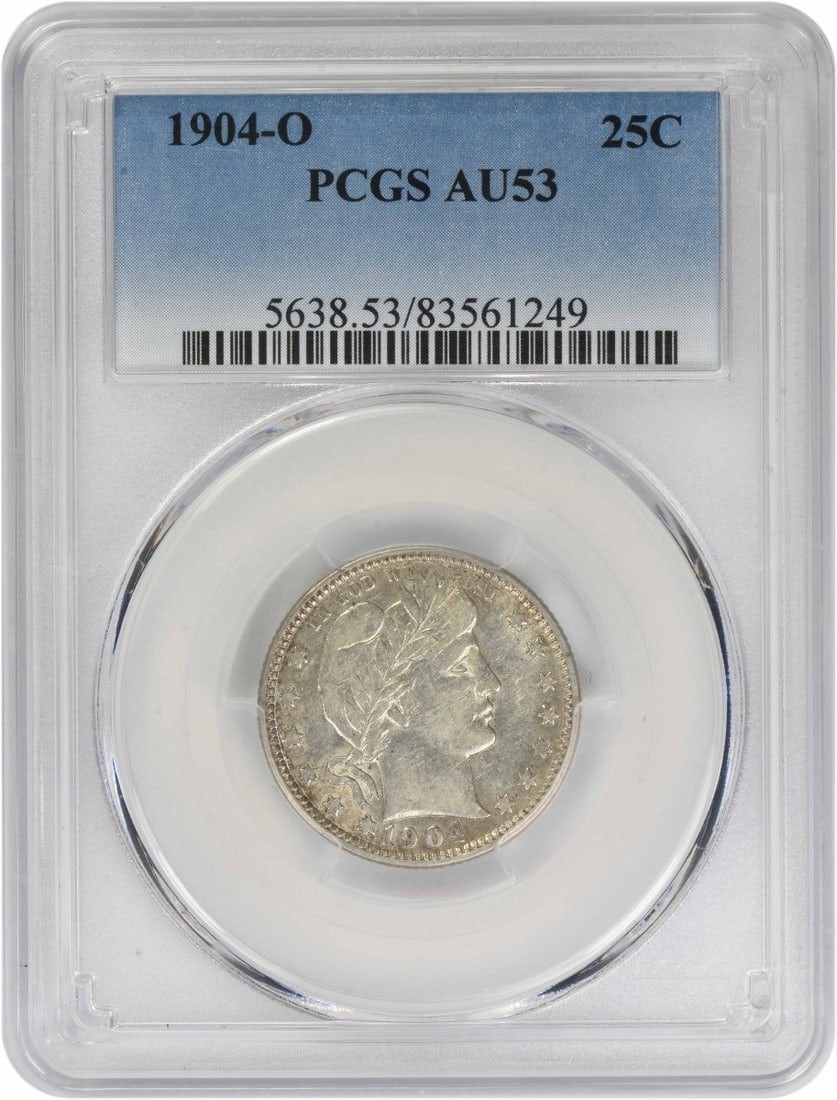 PCGS AU53 1904-O Barber 25C Silver Quarter New Orleans Mint: PCGS AU53 1904-O Barber 25C Silver Quarter New Orleans Mint This 1904-O Barber Quarter is graded AU53 by PCGS. Minted in New Orleans, this pre-owned coin features the classic Barber design by Charles 