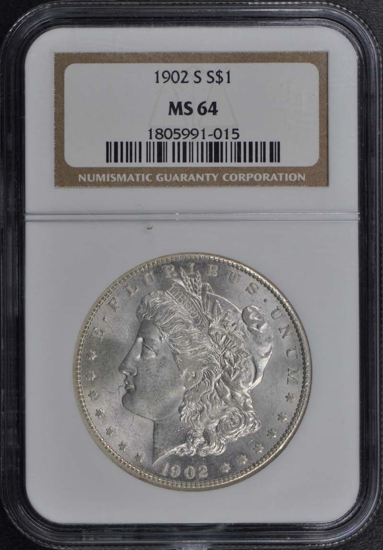 NGC MS64 1902-S Morgan silver dollar: NGC MS64 1902-S Morgan silver dollar This is a 1902 Morgan Dollar graded MS64 by NGC. The coin is uncirculated and originates from the San Francisco mint. It is housed in a protective holder and featu