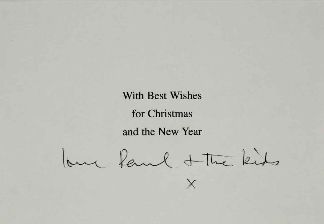 Paul McCartney Signed Christmas Card Love & The Kids BAS COA: Paul McCartney Signed Christmas Card Love & The Kids BAS COA This original Christmas greeting card features a heartfelt inscription, "Love & The Kids," personally signed by Paul McCartney, legendary m