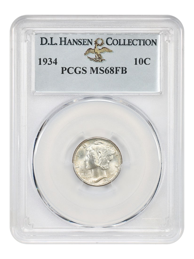 PCGS MS68FB 1934 Mercury Dime 10C Philadelphia issue: PCGS MS68FB 1934 Mercury Dime 10C Philadelphia issue 1934 Mercury Dime graded PCGS MS68FB, ex: D.L. Hansen. With only four finer in existence, all in 68+, this example ranks among the finest available