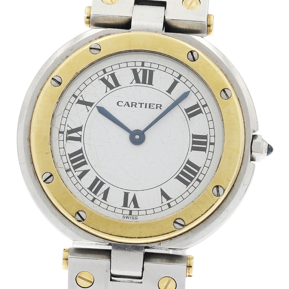Cartier Santos Round LM mens quartz watch SS YG cracked dial: Cartier Santos Round LM mens quartz watch SS YG cracked dial Cartier Santos Round LM men's wristwatch in stainless steel and yellow gold with a quartz movement and white dial. This pre-owned watch is 