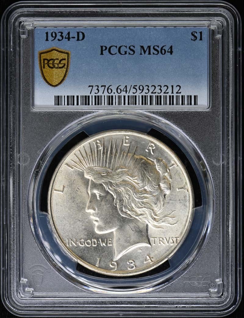 PCGS MS64 1934 D Peace Dollar $1 United States Coin: PCGS MS64 1934 D Peace Dollar $1 United States Coin 1934-D Peace Dollar certified by PCGS and graded MS64. This uncirculated United States silver dollar is a pre-owned coin from the Peace Dollar serie