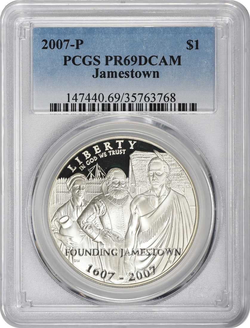 PCGS PR69DCAM 2007 P Jamestown Commemorative Silver Dollar Proof: PCGS PR69DCAM 2007 P Jamestown Commemorative Silver Dollar Proof This 2007-P Jamestown Silver Commemorative Dollar is a PCGS-certified proof coin graded PR69 Deep Cameo. It is an uncirculated silver c