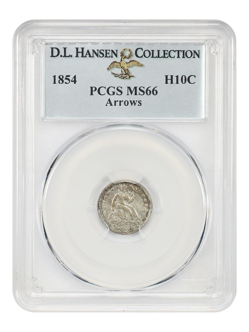 1854 Liberty Seated Half Dime H10C PCGS MS66 Arrows ex D.L. Hansen: 1854 Liberty Seated Half Dime H10C PCGS MS66 Arrows ex D.L. Hansen 1854 Liberty Seated Half Dime graded PCGS MS66 (Arrows), offered in uncirculated, pre-owned condition. This is the second of the thre