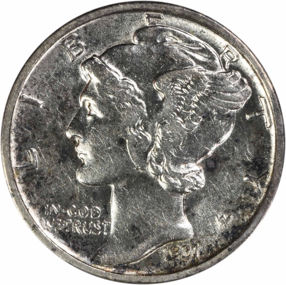 1931-S Mercury 10C AU Uncertified Silver Dime: 1931-S Mercury 10C AU Uncertified Silver Dime This 1931-S Mercury Dime is an attractive example of this classic U.S. coin, featuring the iconic design by Adolph Alexander Weinman. Struck in San Franci