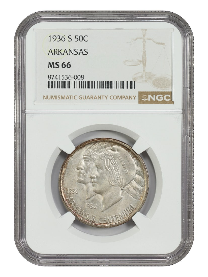 NGC MS66 1936 S Arkansas 50C Silver Commemorative Half Dollar: NGC MS66 1936 S Arkansas 50C Silver Commemorative Half Dollar 1936-S Arkansas classic silver commemorative half dollar certified by NGC as MS66. This uncirculated issue has a low mintage of 9,662 coin