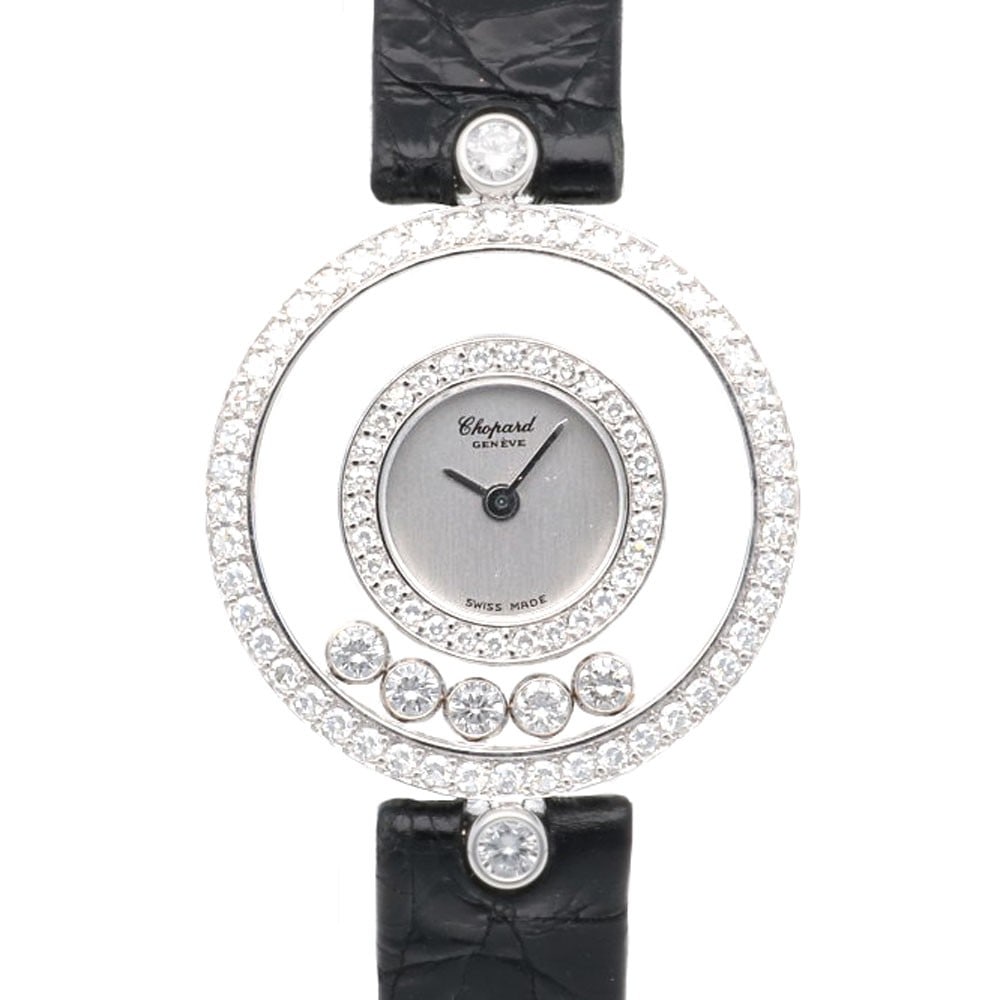 Chopard 4097 Happy Diamonds women's quartz watch in K18 white gold: Chopard 4097 Happy Diamonds women's quartz watch in K18 white gold This pre-owned Chopard Happy Diamonds women's wristwatch model 4097 features a diamond bezel and moving diamonds. It has a quartz mov