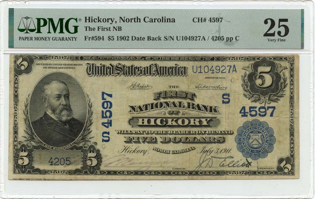 PMG VF25 1902 $5 Date Back First National Bank Hickory NC CH#4597 (1 of 2)