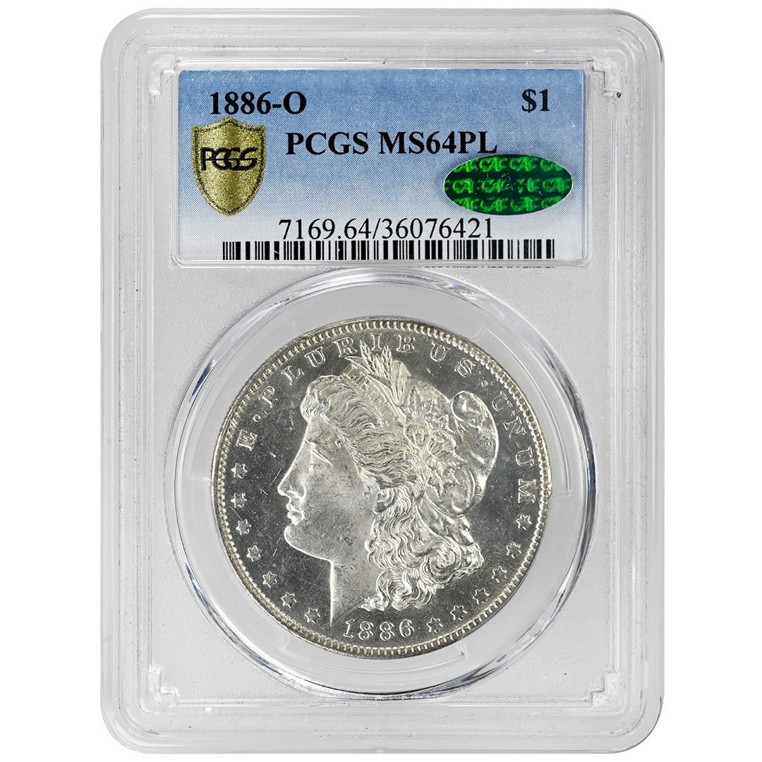 1886-O Morgan Dollar Silver PCGS MS64PL CAC Proof-Like: 1886-O Morgan Dollar Silver PCGS MS64PL CAC Proof-Like This 1886-O Morgan Dollar is a rare proof-like example graded MS64PL by PCGS, with CAC approval. Struck at the New Orleans Mint, this uncirculate