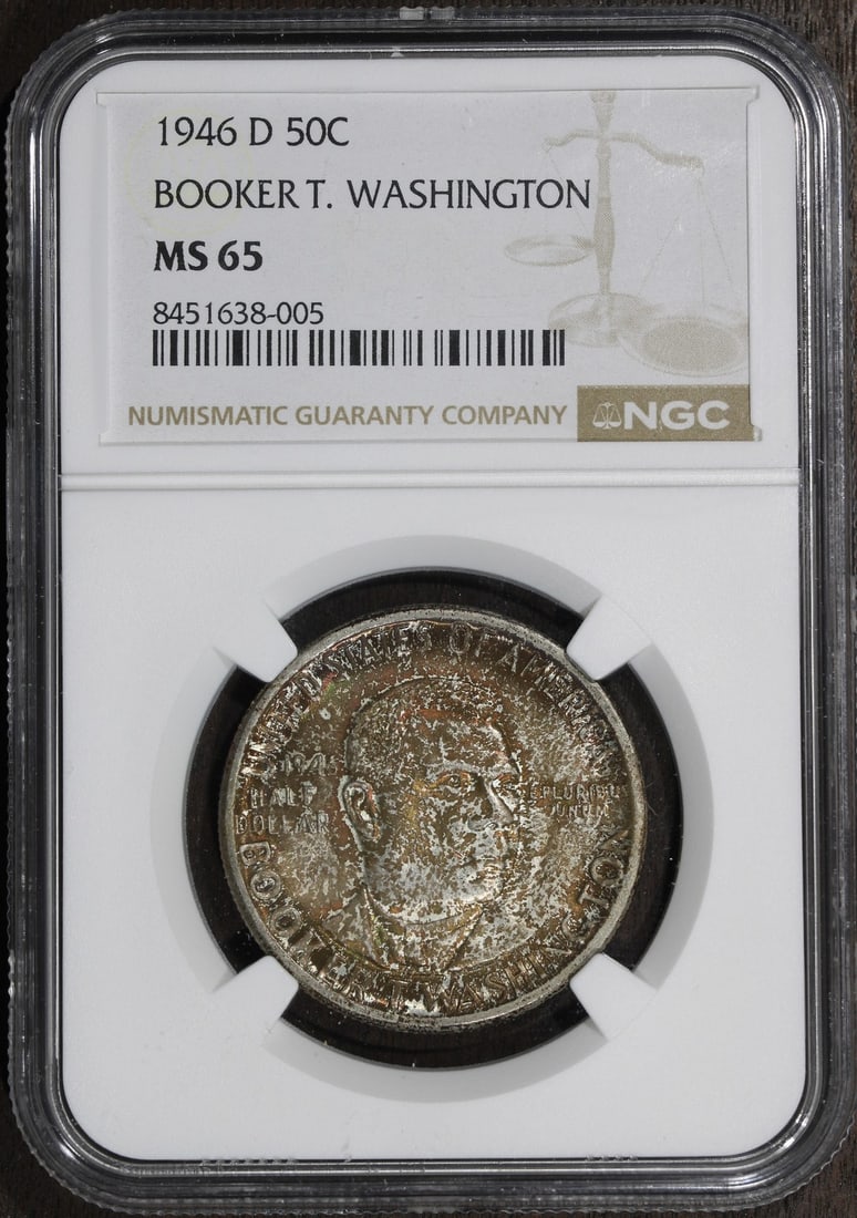 NGC MS65 1946-D Booker T Washington Silver Commemorative Half Dollar: NGC MS65 1946-D Booker T Washington Silver Commemorative Half Dollar 1946-D Booker T. Washington commemorative half dollar graded MS65 by NGC. This pre-owned United States silver 50C coin features the