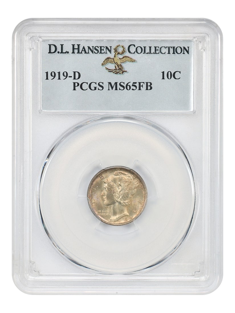 PCGS MS65FB 1919-D Mercury Dime ex D.L. Hansen: PCGS MS65FB 1919-D Mercury Dime ex D.L. Hansen 1919-D Mercury dime certified by PCGS as MS65FB and offered from the D.L. Hansen collection. A key condition and strike rarity in the Mercury dime series