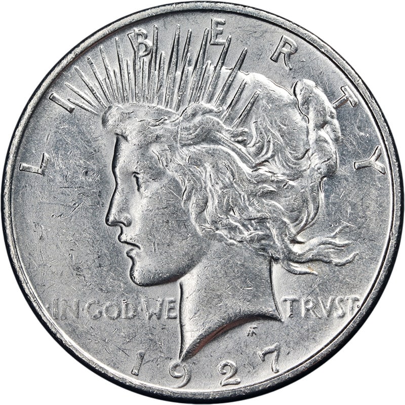 1927-D Silver Peace Dollar AU to BU Grade with Strong Luster: 1927-D Silver Peace Dollar AU to BU Grade with Strong Luster This 1927-D Peace Dollar features attractive eye appeal, bright white color, and well-preserved surfaces. The coin is graded AU/BU, indicat