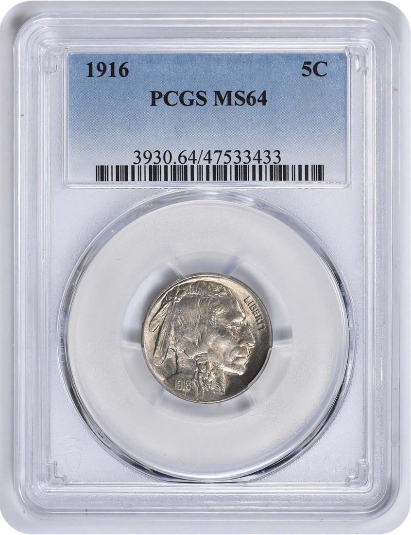 PCGS MS64 1916 Buffalo 5C Nickel: PCGS MS64 1916 Buffalo 5C Nickel This is a 1916 Buffalo Nickel graded MS64 by PCGS. The coin is uncirculated and encapsulated in a protective holder. It features a nickel composition and was minted in