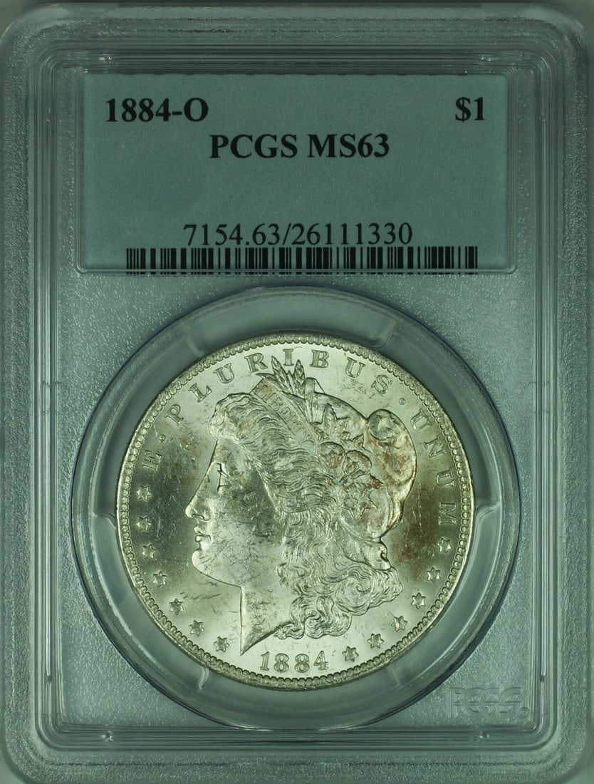 PCGS MS63 1884-O Morgan Dollar New Orleans Mint Silver $1 Coin: PCGS MS63 1884-O Morgan Dollar New Orleans Mint Silver $1 Coin This is an 1884-O Morgan Silver Dollar coin, certified by PCGS with a grade of MS63. Minted in New Orleans, this uncirculated coin is com