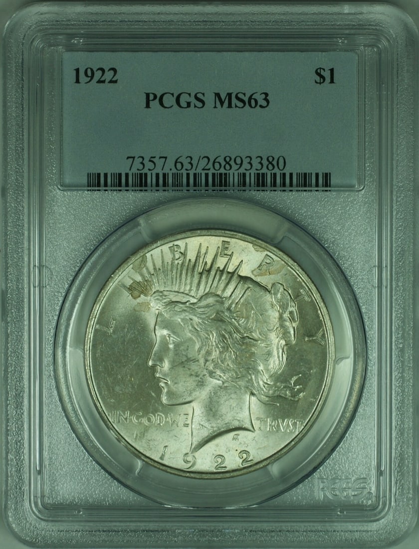 PCGS MS63 1922 Peace Dollar Silver Coin Philadelphia Mint $1: PCGS MS63 1922 Peace Dollar Silver Coin Philadelphia Mint $1 This is a 1922 Peace Silver Dollar $1 coin, certified by PCGS with a grade of MS-63. Minted in Philadelphia, it is composed of silver and r